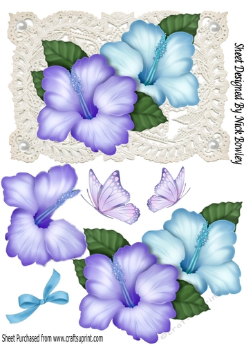 Pretty tropical purple/turq flowers on vintage lace with pearls