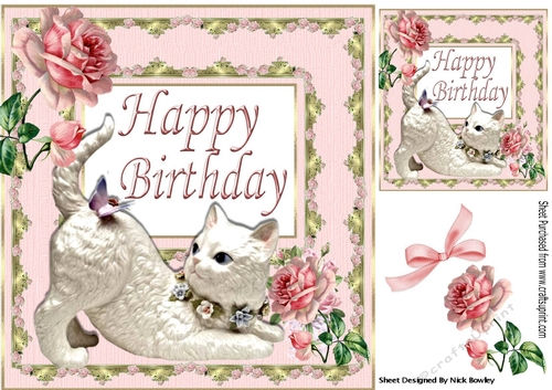 Cute China ornament cat with butterfly and roses 8x8