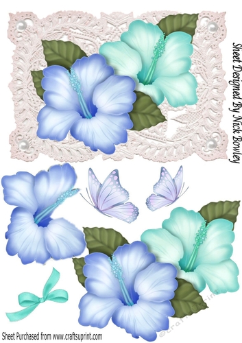 Pretty tropical blue shades flowers on vintage lace with pearls