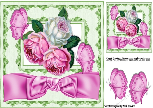 Pretty pink and white roses in window frame with big bow 8x8