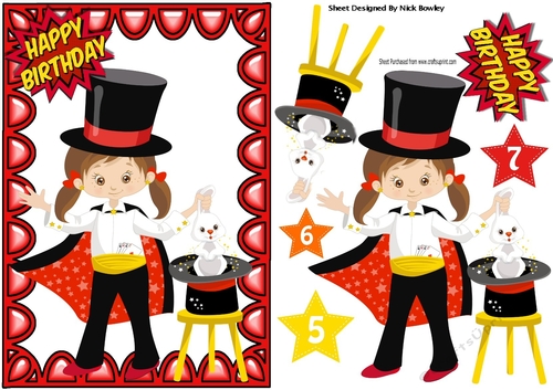Magic Magician Girl with rabbit in a hat, with birthday stars