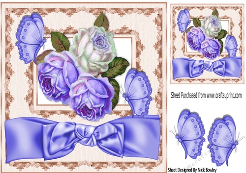 Pretty purple and white roses in window frame with big bow 8x8