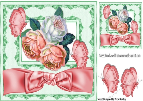 Pretty peach and white roses in window frame with big bow 8x8