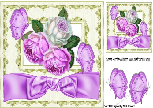 Pretty lilac and white roses in window frame with big bow 8x8