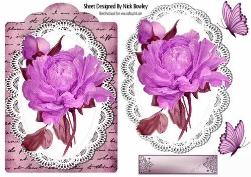 Pretty hand painted pink rose on lace & script with topper