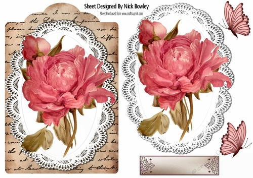 Pretty hand painted rose pink  rose on lace & script