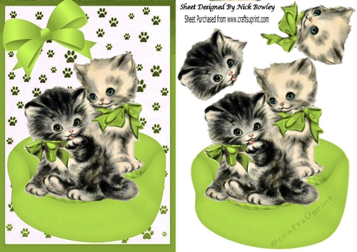 Cute vintage kittens in green basket with bow