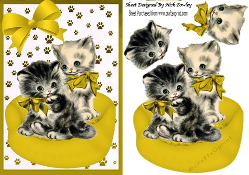 Cute Vintage kittens in gold basket with bow