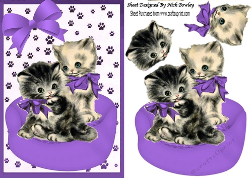 Cute vintage kittens in purple basket with bow