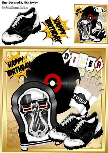 Rock n Roll in the diner, with juke box, fries and Accessories 8x8