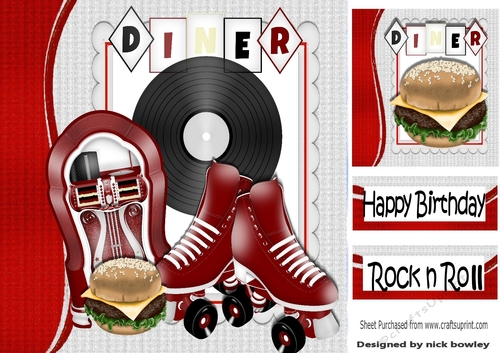 Lets Rock n Roll with red juke box and burger 8x8