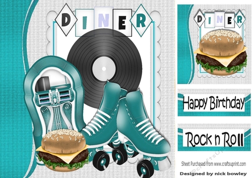 Lets Rock n Roll with  turq juke box and burger 8x8 with topper