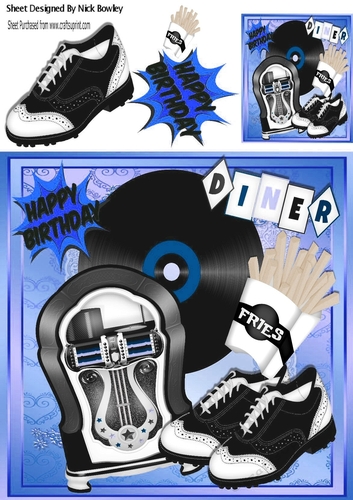 Rock n Roll in the diner, in blue with juke box, fries and Accessories 8x8