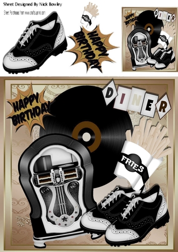Rock n Roll in the diner, in brown with juke box, fries and Accessories 8x8