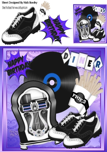 Rock n Roll in the diner,  in purple with juke box, fries and Accessories 8x8