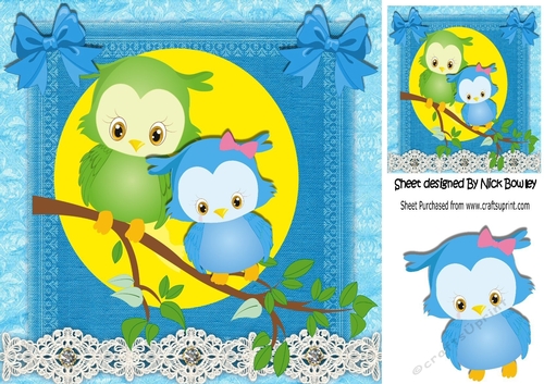 Cute owls on a branch with leaves with turq bows 8x8