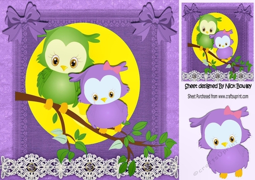 Cute owls on a branch with leaves with purple bows 8x8