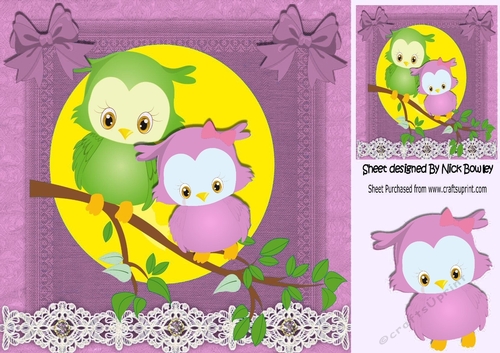 Cute owls on a branch with leaves with pink bows 8x8