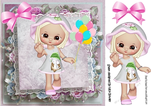 Cute little Gumdrop with party balloons and bow in flower frame 8x8
