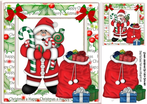 Jolly Santa in christmas frame with lots of pressies 8x8