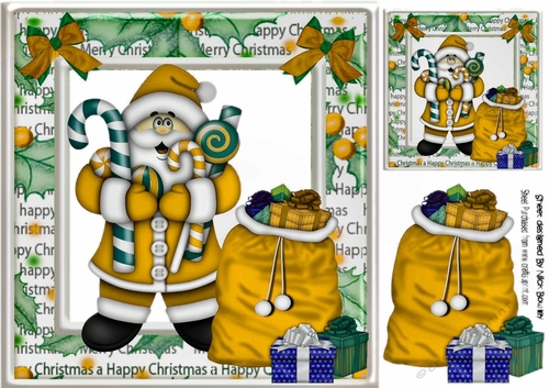 Jolly Santa in gold christmas frame with lots of pressies 8x8