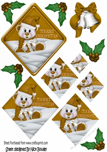 Christmas polar bear in gold with holly, triangle pyramids