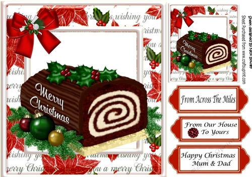 Yummy christmas chocolate log with holly in seasonal frame 8x8