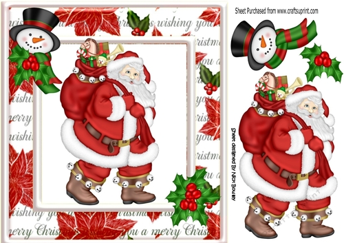 Lovely santa with sack of toys and snowman 8x8