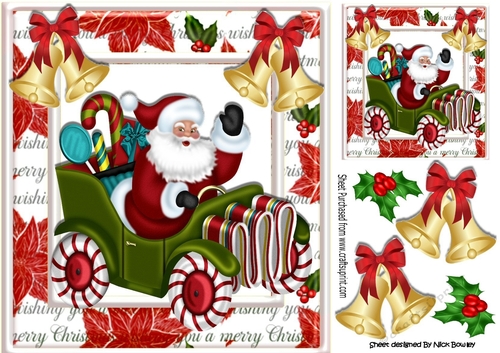 Santa waving in his car, with candy cane and bells 8x8