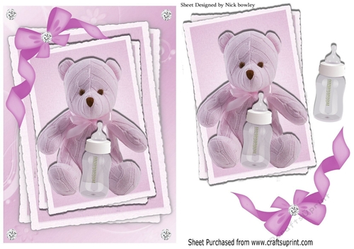 Cute pink teddy with bottle on stackers with pink bow