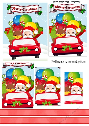 Santa with rudolph and presents in a car with borders pyramids