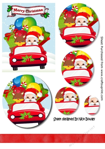 Santa with rudolph and presents in a car with borders  and oval pyramids
