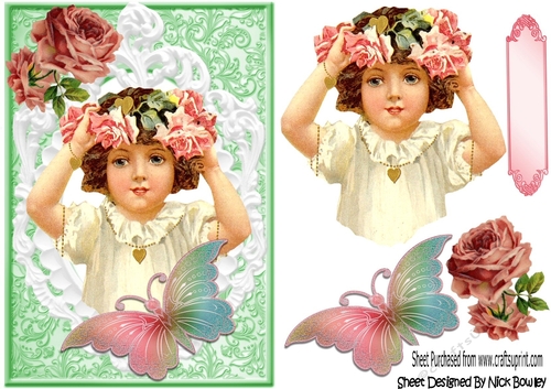 Pretty vintage girl with  roses in white ornate frame with butterfly