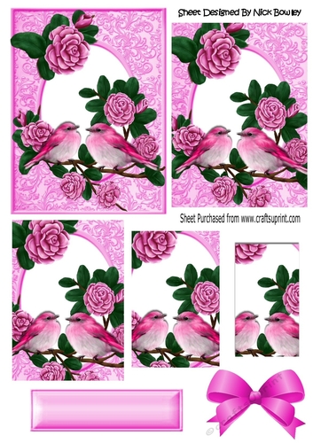 Pretty pink roses on a branch with pink birds pyramids
