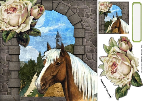 Lovely Palomino Horse with a beautiful view of a meadow with vintage roses 8x8