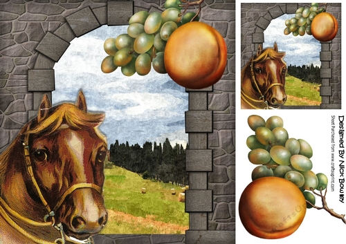Lovely brick Archway wall with vintage horse & fruit 8x8
