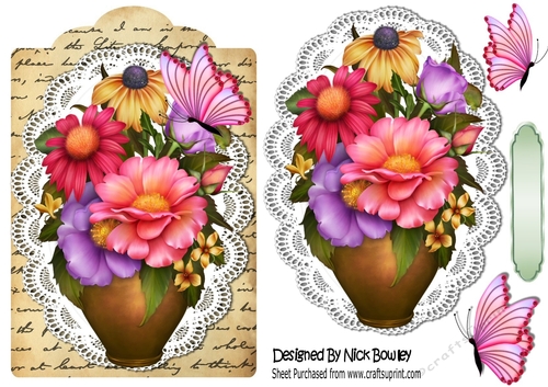 Pretty Bouquet of mixed summer flowers in a vase on lace 8x8