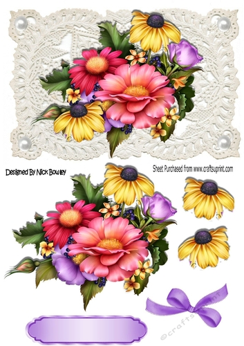 Pretty summer flowers on Vintage lace  with pearls & bow  A5