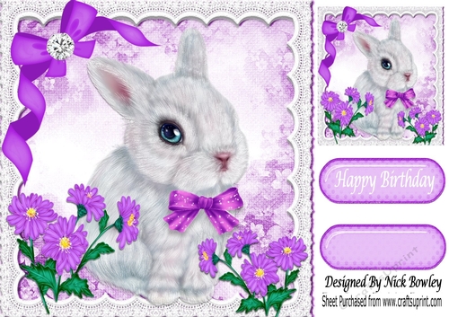 Cute little bunny in pink bow with flowers 8x8