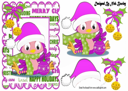 Cute little robin in  pink santa hat with bells