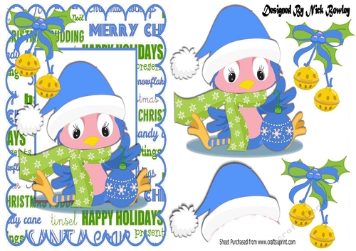 Cute little robin in  blue santa hat with bells