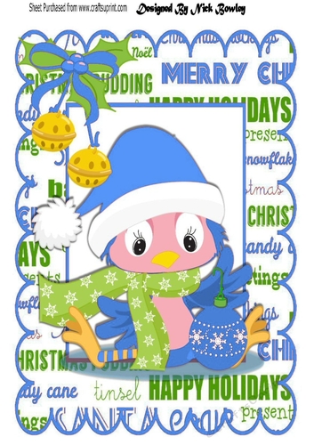 Cute little robin in  blue santa hat with bells A4