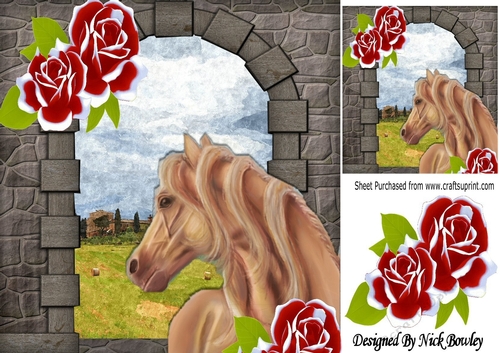 Palomina Horse, with painted red roses, and brick Archway 8x8