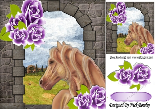 Palomina Horse, with painted purple roses, and brick Archway 8x8