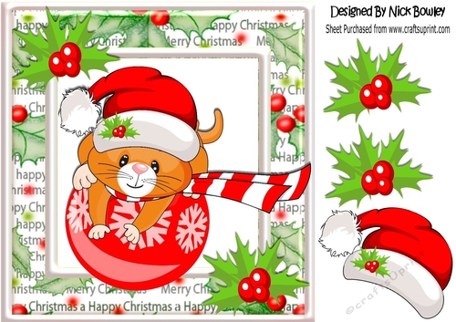 Cute kitty on christmas bauble with holly 8x8