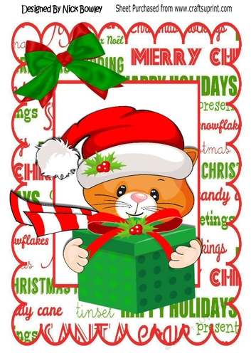 Cute kitty in santa hat with pressie, with bow A4