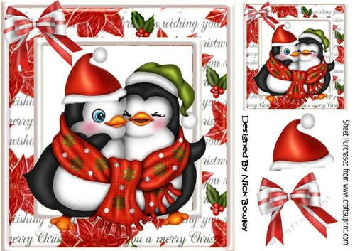 Cuddle penguins in santas hats wrapped up in scarf with love