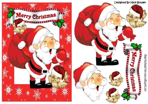 Jolly santa with his sack of pressies and robins