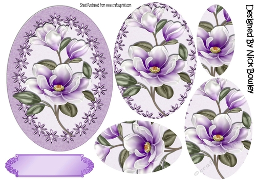 Pretty lilac magnolias in floral and pearl frame oval pyramids