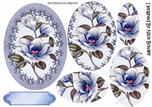 Pretty blue magnolias in floral and pearl frame oval pyramids